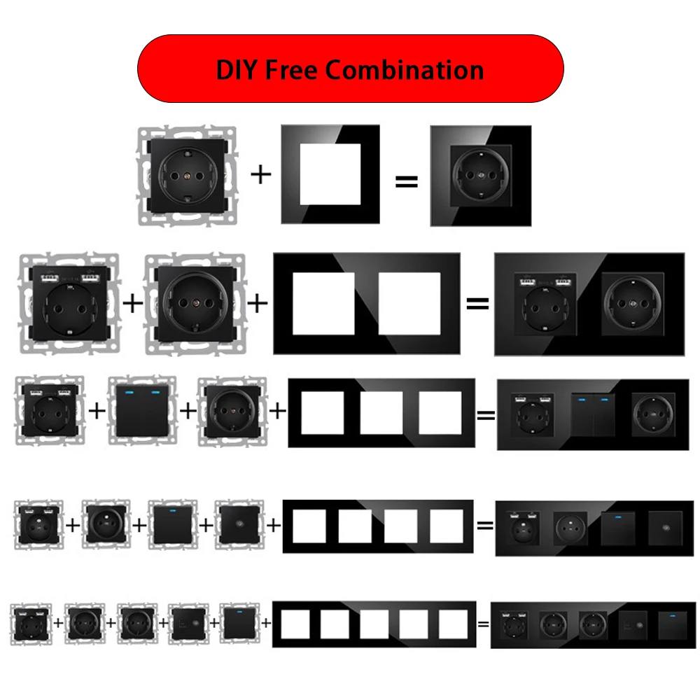 Laodasi Module Frames DIY Black Tempered Glass Panel,EU France Double USB Sockets and Switches Dimmer Foot lamp Rj45 CAT6 RJ11