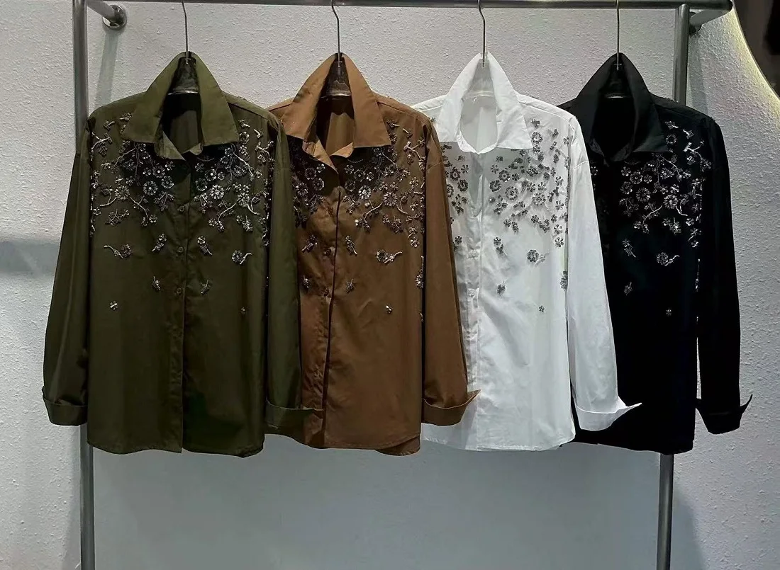 

Высококачественные роскошные брендовые хлопковые блузки с вышивкой и блестками, рубашки для женщин на весну, лето, осень, трендовый топ с длинными рукавами, женская блузка