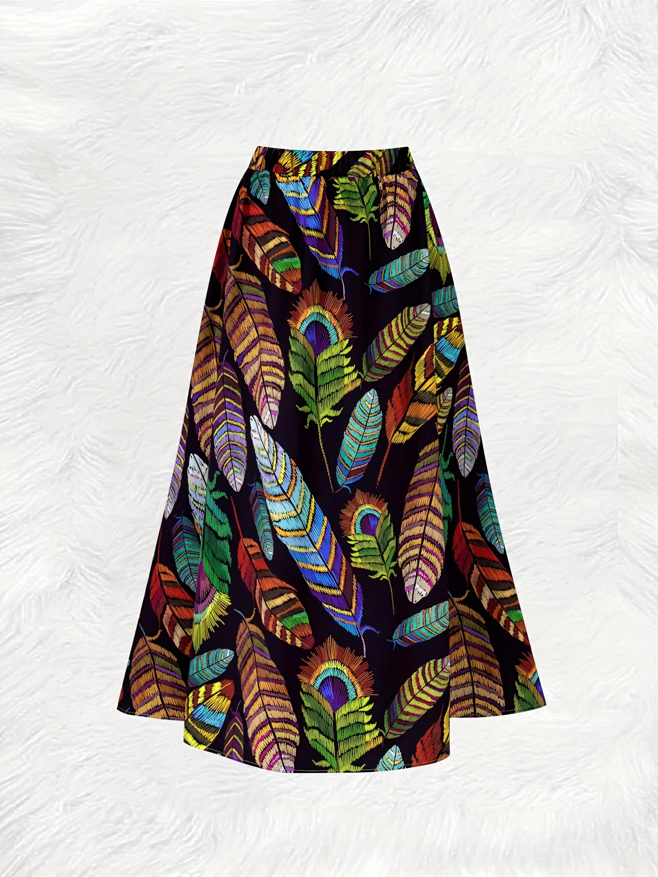 Printed Design Four Seasons Color Feather Pattern Printed Skirt Vacation Style Half Skirt