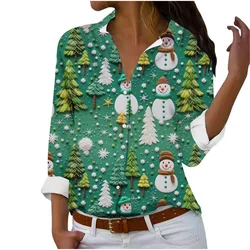 Women's Tops blouse Long Sleeves Christmas Elements Printed Collars Sleeves Button Up Blouse 2024 Autumn And Winter New Items