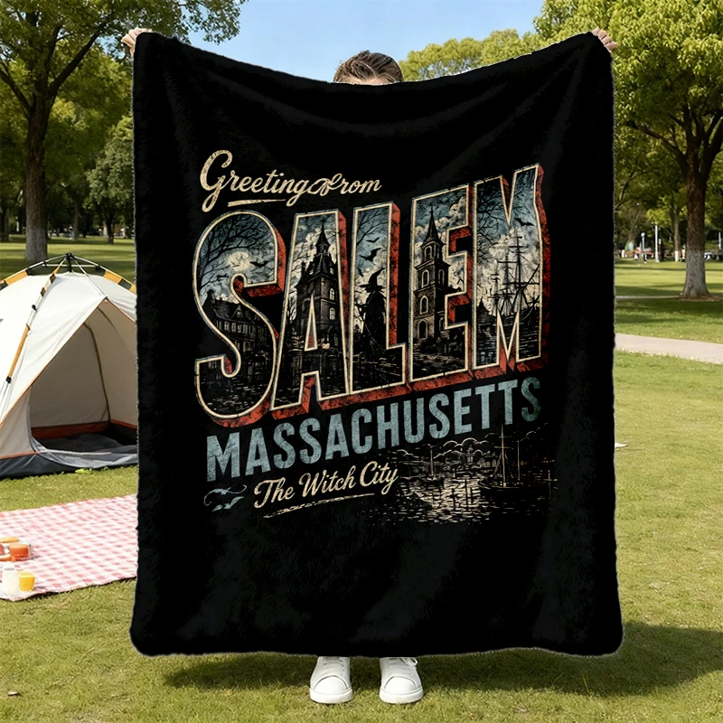 Salem Massachusetts Witch City Vintage Halloween Flannel Blanket, Spooky Fall Travel Gift for Her
