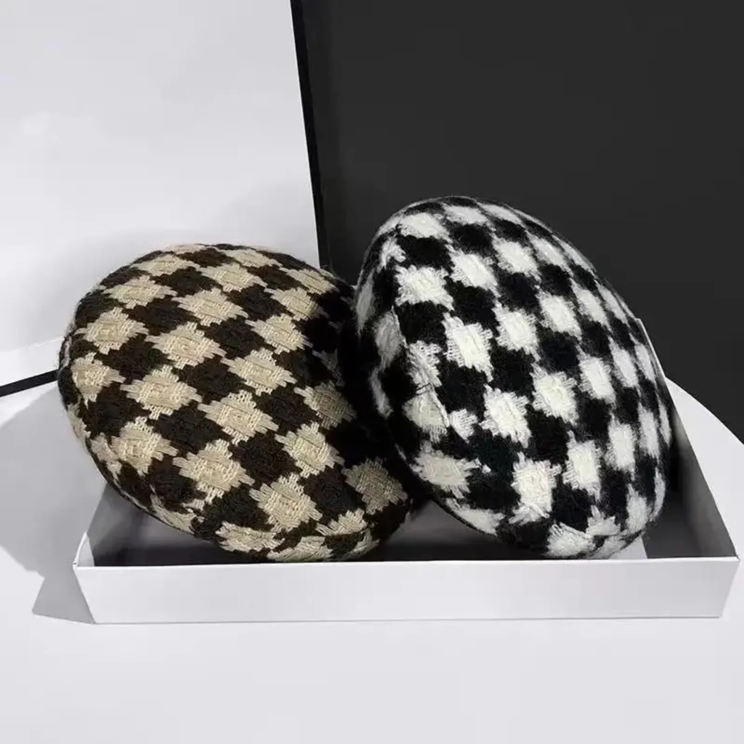 Elegant French Style Ladies Plaid Beret in Black And White - Chic Women's Fashion Hat