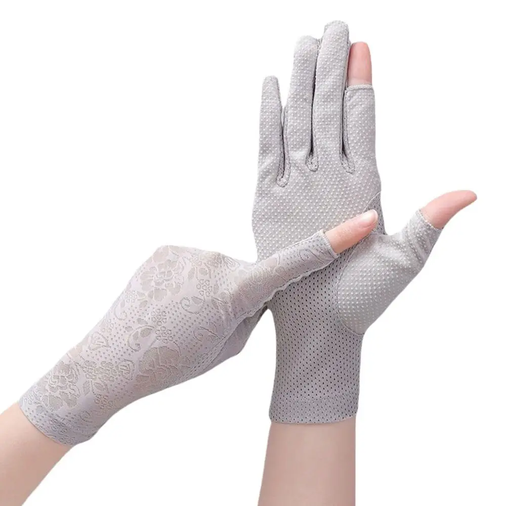 UV Protection Summer Sunscreen Gloves Breathable Lace Sun Protection Gloves Elastic Ice Silk Cycling Driving Gloves Women Girls
