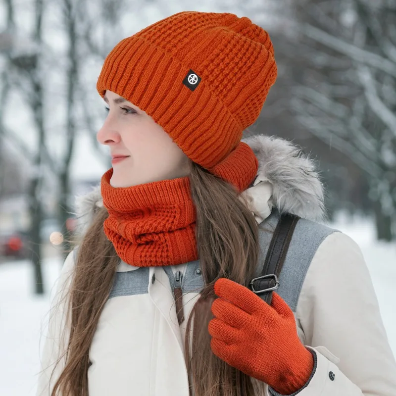 Traje de 3 piezas para mujer, conjunto de punto a prueba de viento, sombreros, bufandas, guantes, lana térmica, lana cálida, gorro de punto, Kit de cuello