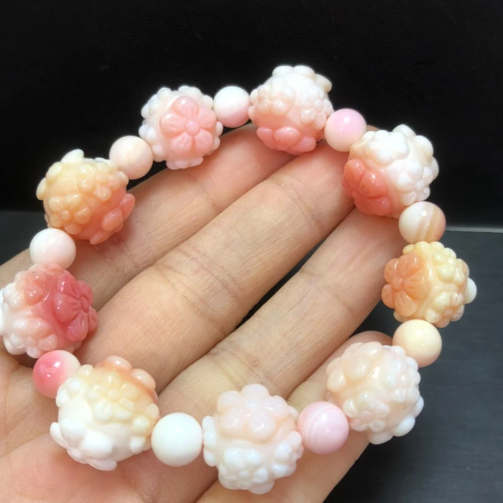 

15MM Natural Queen Shell Stone Ball-flower Bead Bracelet Fashion Wealthy Fortune Stone Round Beads Jewelry Gift 1pcs