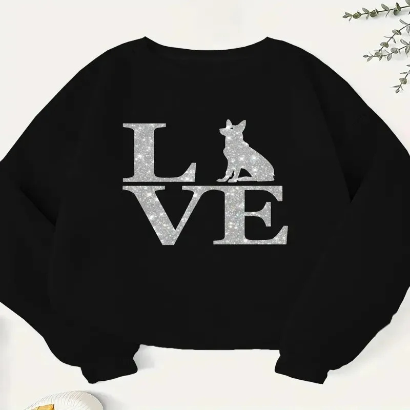 

Winter Fall Women Clothes Female Plus Size Sweatshirt Silver Iridescent Glitter Love Dog Art Graphic Comorfatable Long Sleeve