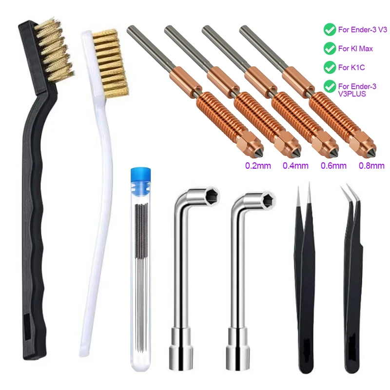 High-Flow Speed Nozzle for Ender-3 V3 K1C K1 Max - Titanium+Copper+Hardened Steel, 0.2-0.8mm Sizes Compatible with PLA/ABS/PC/CF