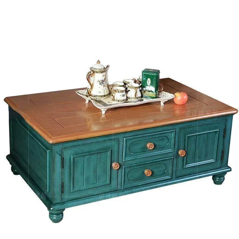 TAO Solid Wood Large Coffee Table Square Retro Furniture Double-Sided Drawer Living Room Locker Table