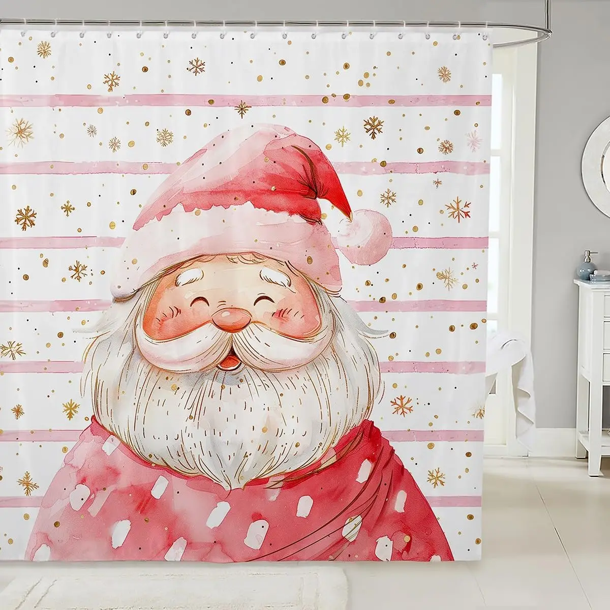 

Занавески для душа с принтом Санта-Клауса, рождественская акварельная занавеска для ванны с героями мультфильмов, розовые водонепроницаемые аксессуары с золотыми снежинками