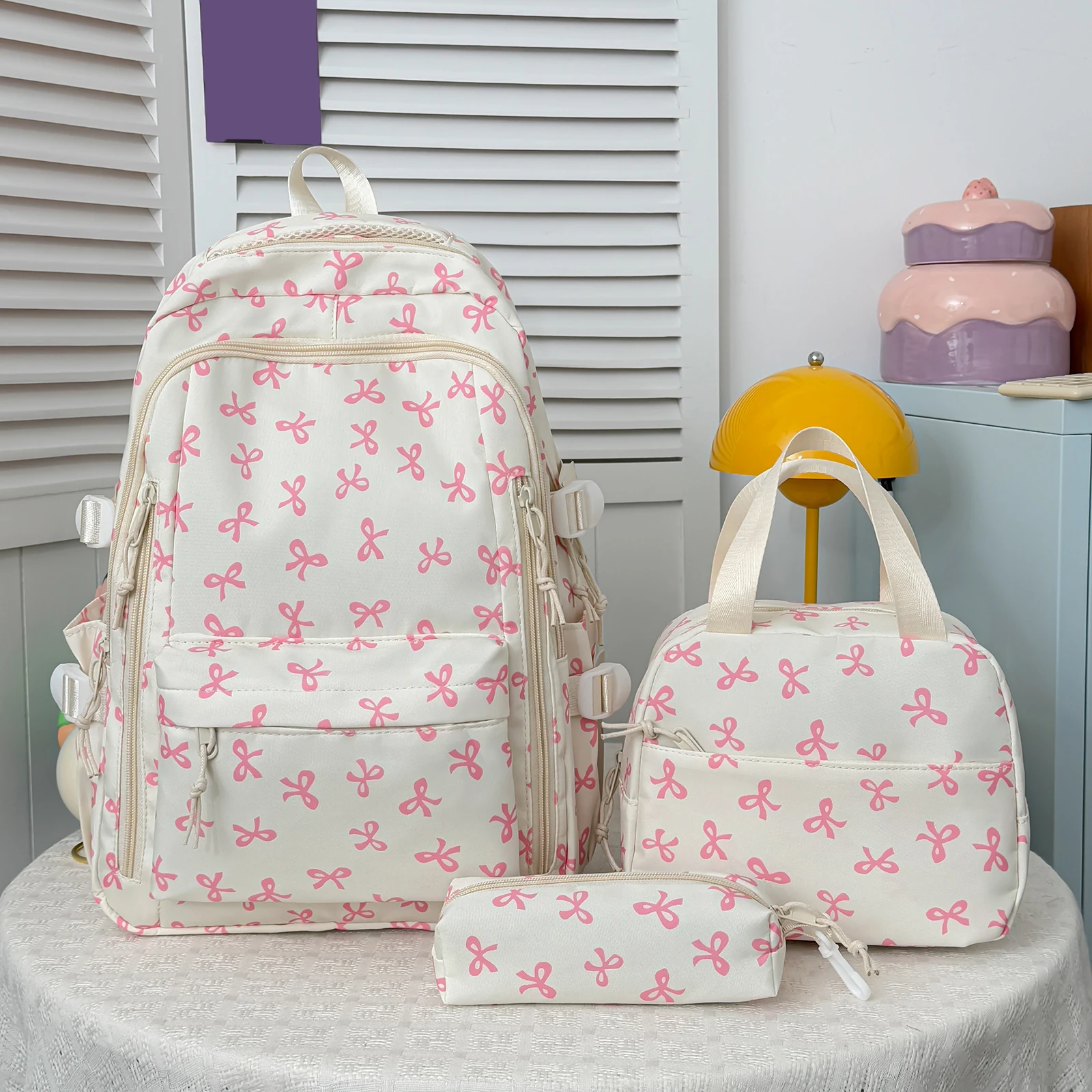 Coquette Bow Cute Kawaii Backpack Set with Lunch Bag & Pencil Pouch Aesthetic Preppy Backpack for Teens Women Women College