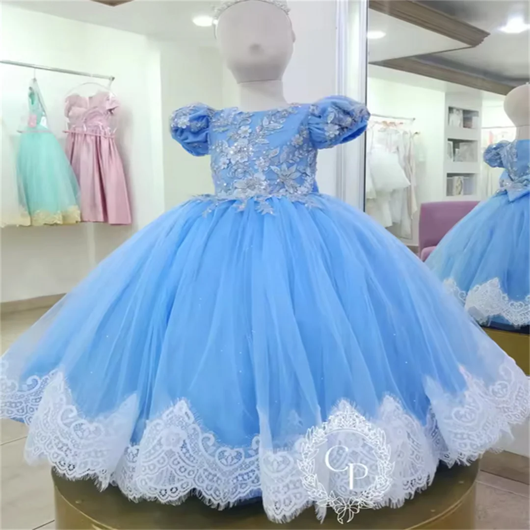 Customized Blue Princess Flower Girl Dresses Ball Gown Beading Lace Customized Little Girl Christmas Pageant Birthday Christenin
