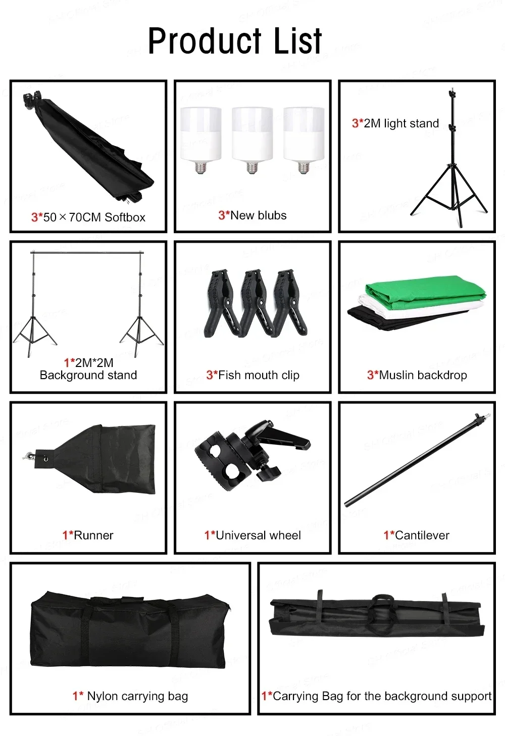 Kit de iluminação para estúdio fotográfico, 2x3m, moldura de fundo com cenário, luz para fotografia, softbox, guarda-chuva, tripé, bolsa de transporte