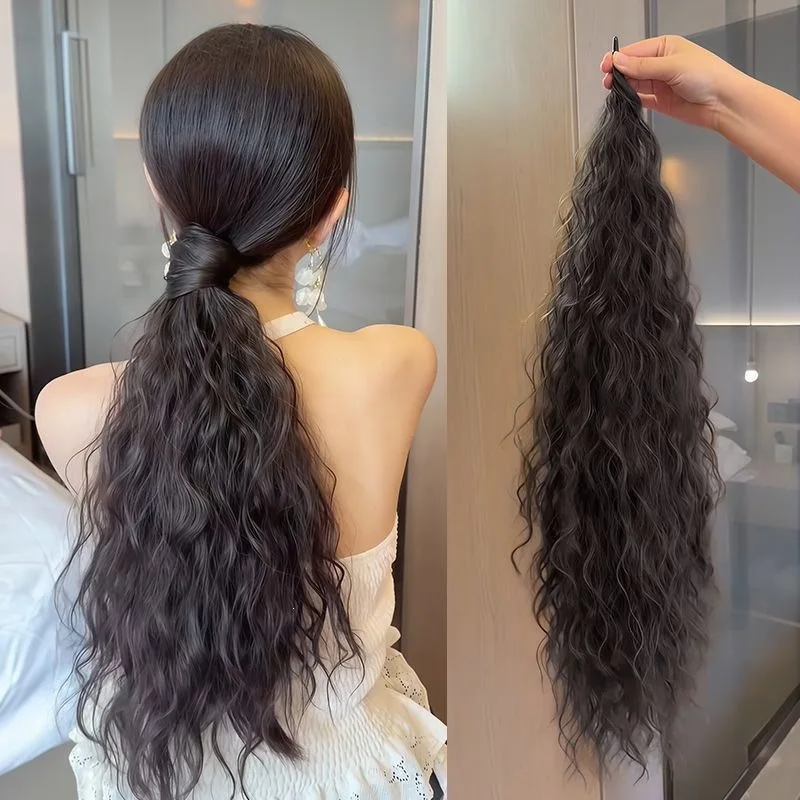 28Inch Water Wave Synthetic Self-Winding Ponytail Hair Extensions With Metal Rod Long Curly Wrap Around Ponytail Hairpiece