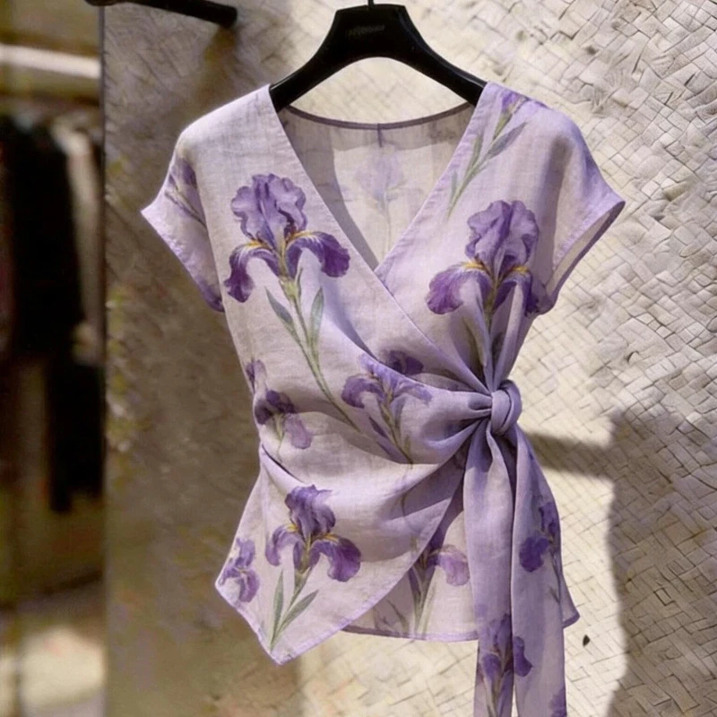 Floral Temperament V Neck Lacing Irregular Shirt Tops Summer Thin Printing Elegant Irregular Blouse Trend Fashion Women Clothing