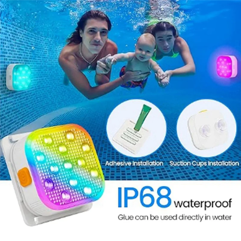 

LLCS-Rechargeable Submersible Pool Lights With Remote, IP68 Waterproof 16 Color Changing LED Lights With Glue