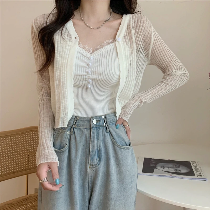 Sunscreen Cardigan Thin Women Ice Silk Knitted Tees Perspective Long Sleeve Top Overlay Simple Casual Slim Fashion Vneck T-shirt