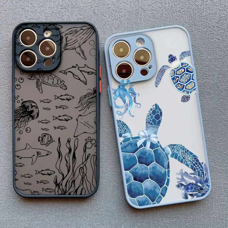 Cool Ocean Turtle Phone Case For iPhone 16 15 14 Pro Max Cases 11 12 13 Pro Max Mini 7 8 Plus X XR Sea Blue Turtle Design Covers