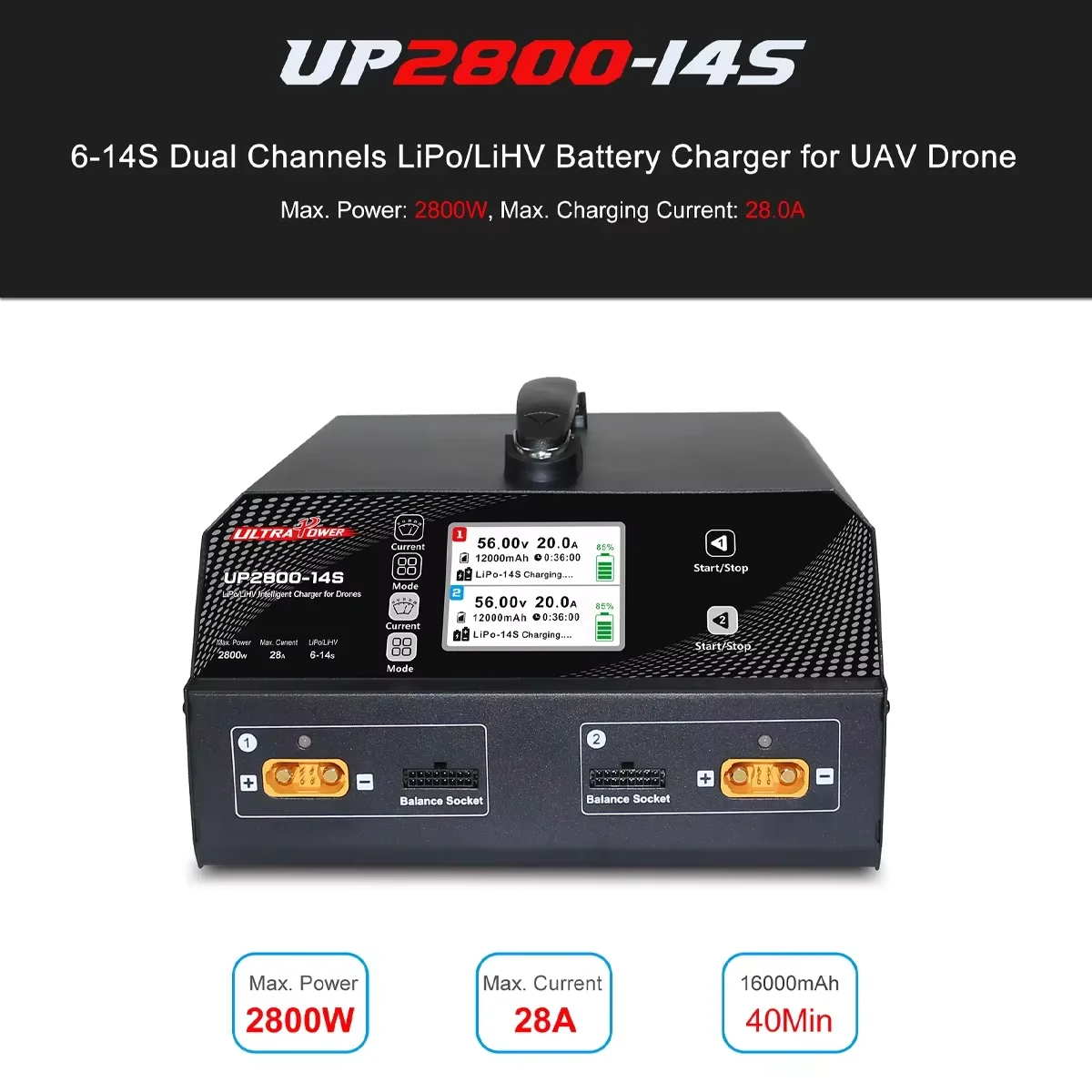 

Ultra Power Original UP2800-14S 2X1400W 28A 6-14S LiPoLiHV Зарядное устройство для БПЛА и дрона