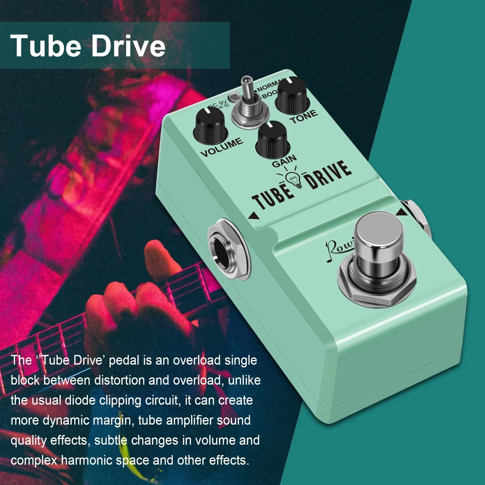 Rowin-Analog Overdrive Pedal Tube Drive Classic Blues Driver Pedals Distortion Box, Normal Boost Modes, Mini Size, NANO-328