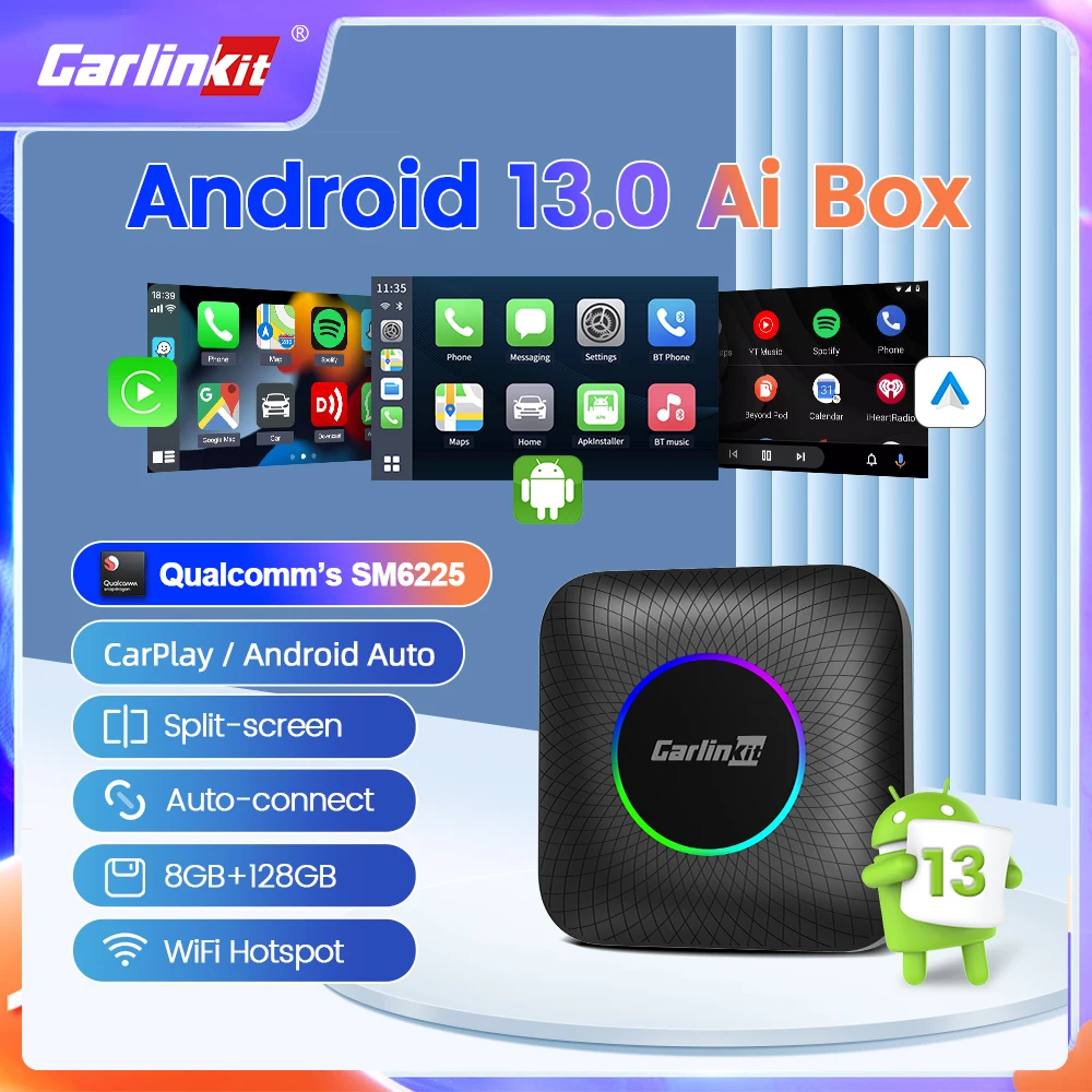 Carlinkit Android Auto Wireless Carplay Android 13 Ai Box QCM6225 8-rdzeniowy dzielony ekran 128G Smart Tv Box dla Netflix Youtube GPS