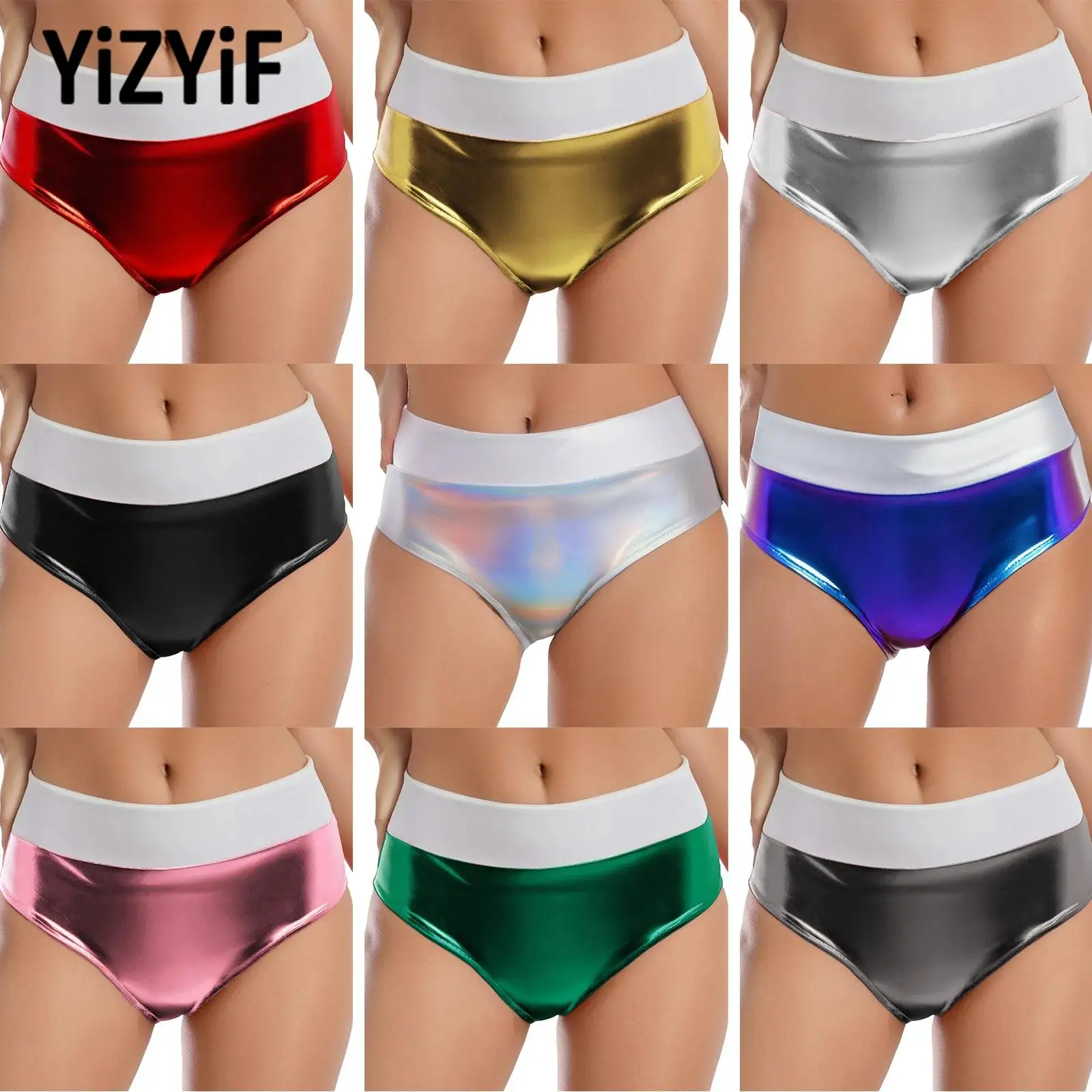 

Women Fashion Yoga Shorts Metallic Briefs Color Block Shiny Booty Shorts Hot Pants for Beach Pool Party Rave Club Music Festival