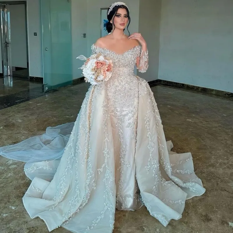 Wonderful Off the Shoulder Full appliques Pearls Saudi Arabic Wedding Gowns with Overskirt Long Sleeves Mermaid Bridal Dresses