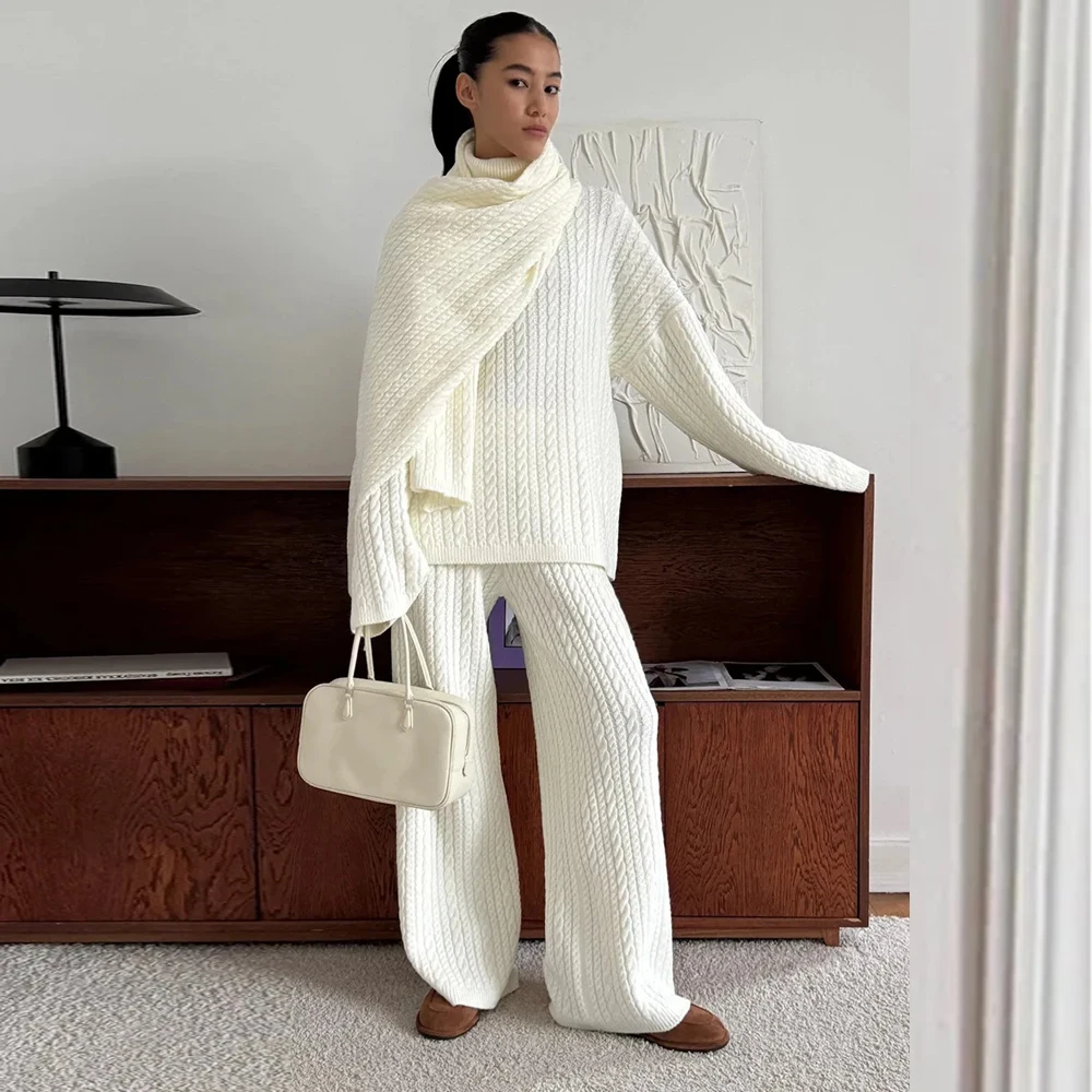 

Комплект трикотажного свитера Mingmingxi, женские брюки, наряды для женщин, водолазка, свободный пуловер в рубчик и комплекты широких брюк