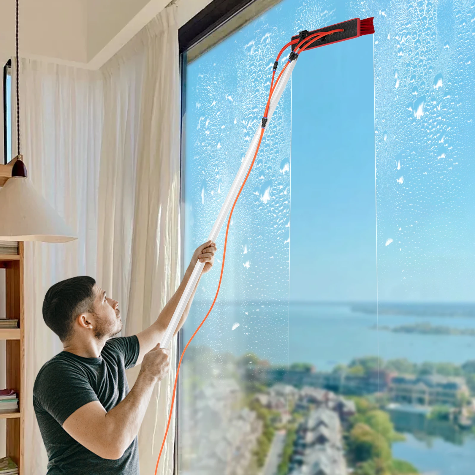 

Water Fed Pole Cleaning Brush Tool Kit for Window, Brush Head Angle 180° Adjustable