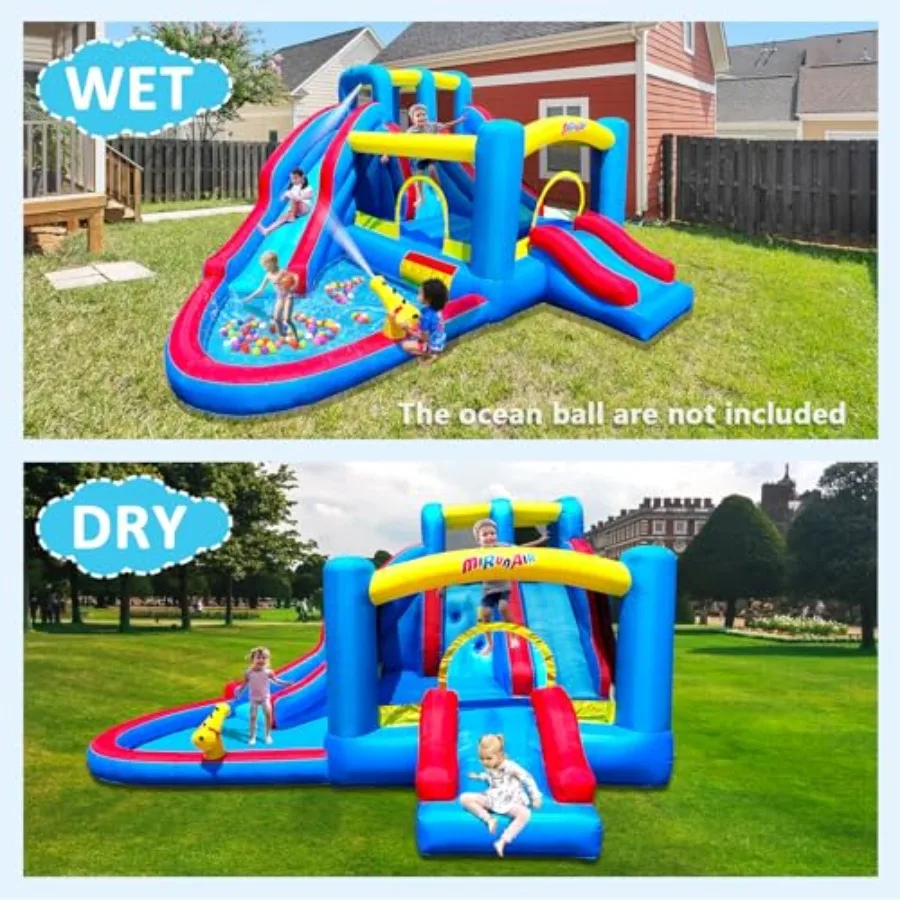 Inflatable Bounce House, Blow Up Bouncy House Include Slide, Outdoor Backyard Water Park with Air Blower, Splash Pool, Water Ca