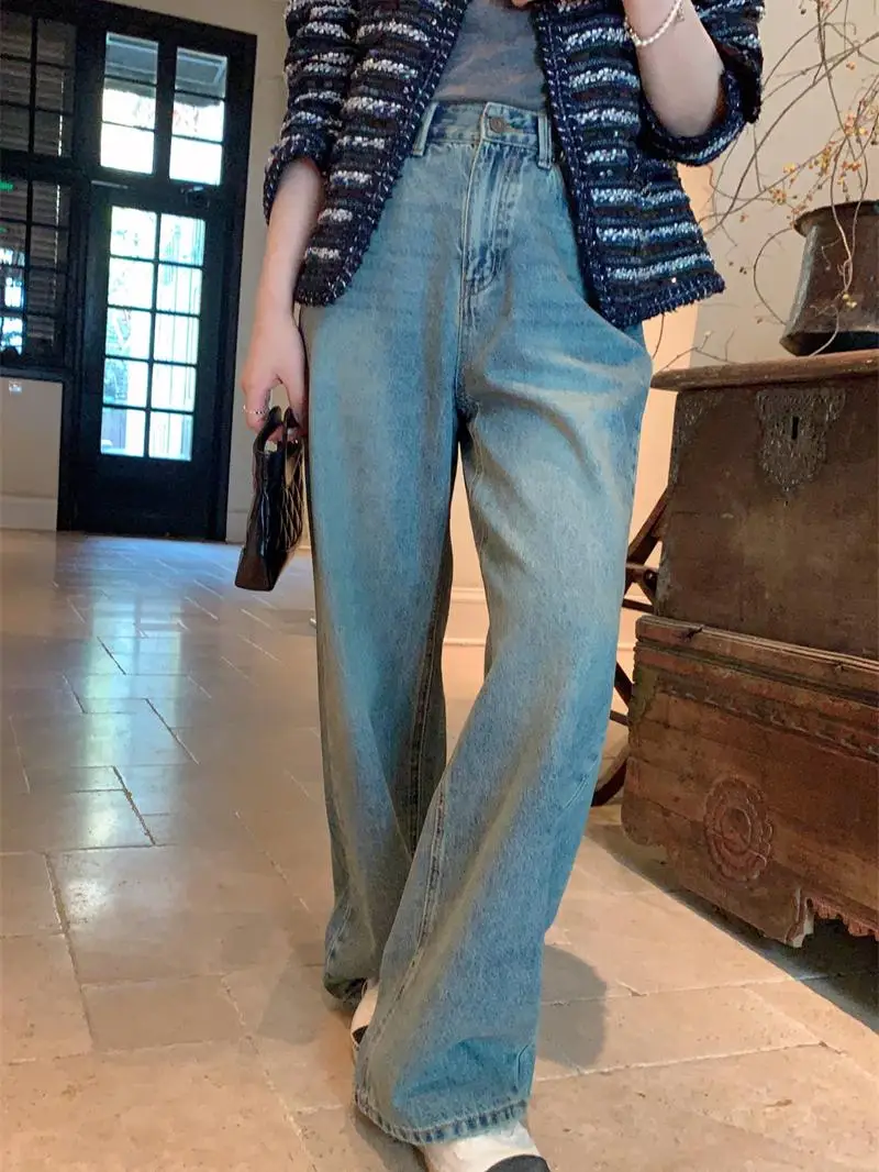 جينز نسائي فضفاض بتصميم عتيق باللون الأزرق الباهت لخريف 2024، بنطلون جينز كاجوال فضفاض بتصميم قديم الطراز