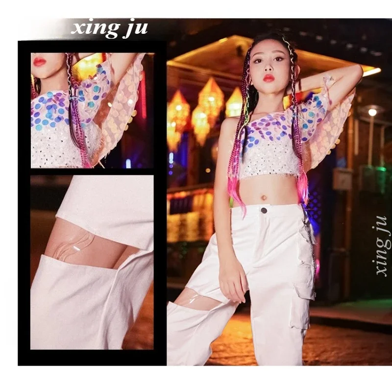 Kinder Hip Hop Aushöhlen Lose Hosen Jazz Dance Kostüm Mädchen Street Dance Pailletten Liebsten Sling Tops Kinder Bühne Zeigen Kleidung