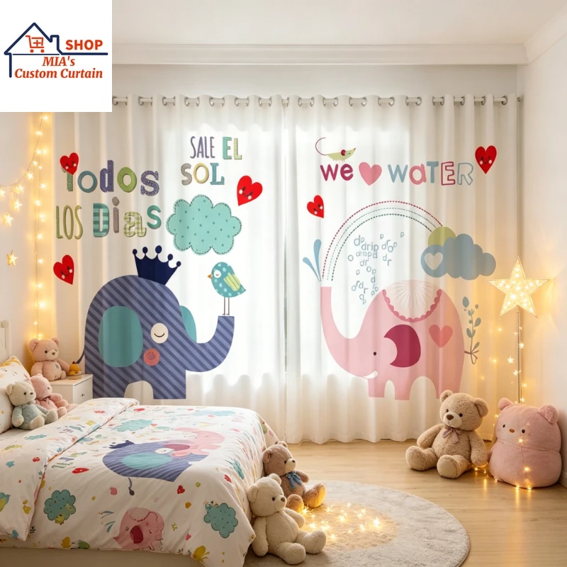 Custom Size Modern Fashion Kids Room Curtains Cartoon Elephant Pattern Semi Full Blackout Bedroom Ceiling for Living Room