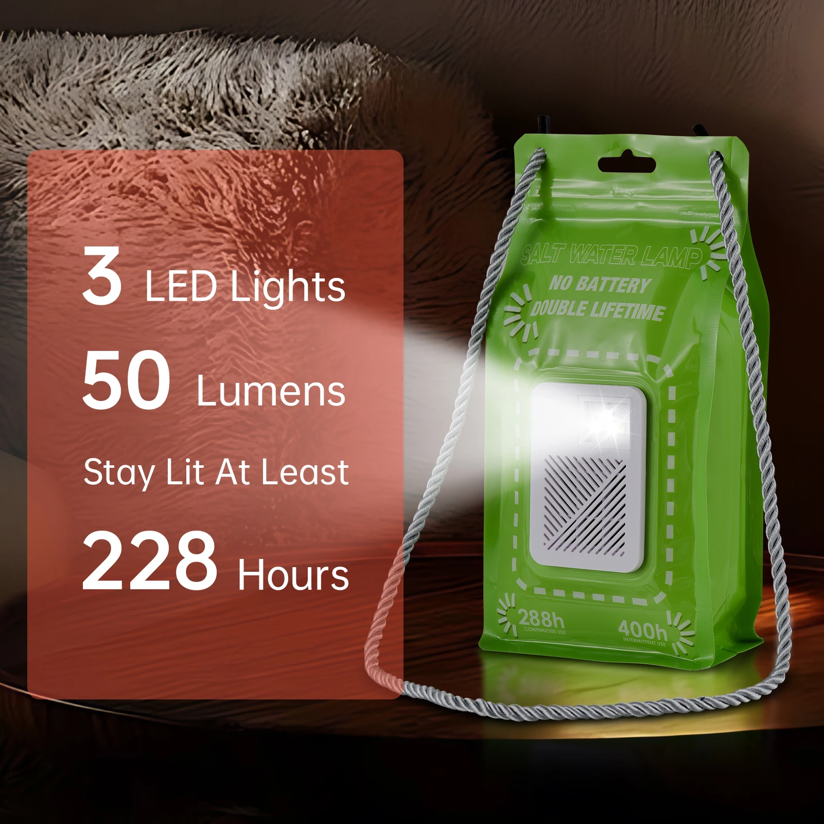 Salt Water Lamp No Batteries 2 Light Modes 400 Hours Water Lamp Light Bag Camping Essentials 3 LED 50 Lumen Reusable
