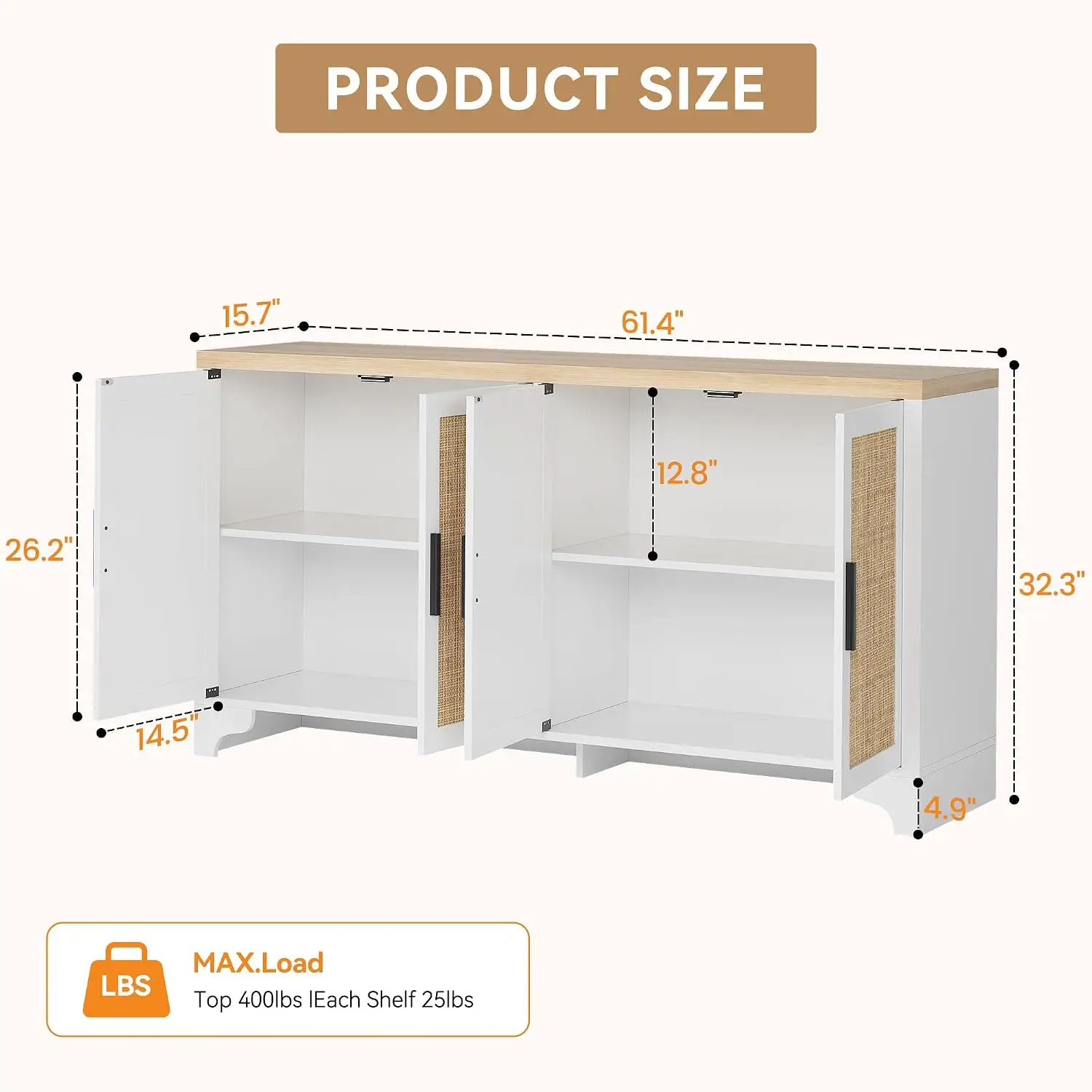4-Door Rattan Sideboard Buffet Cabinet, Boho Console Table, Coffee Bar For Dining & Living Room & Kitchen, White, Customized
