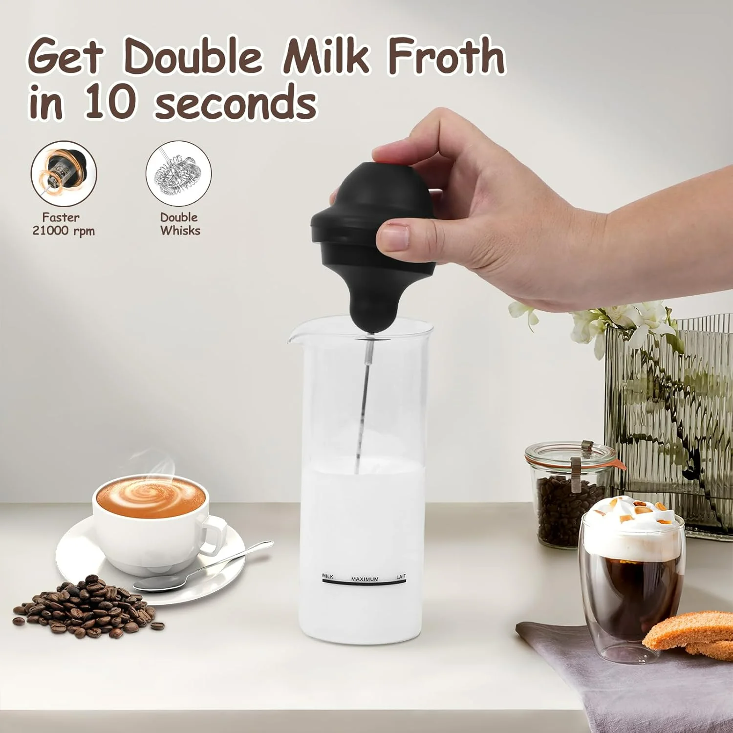 Milk Frother with Stand & Battery Operated - Coffee Frother for Cappuccino Latte Hot Chocolate - Portable Drink Mixer Whisk Mini