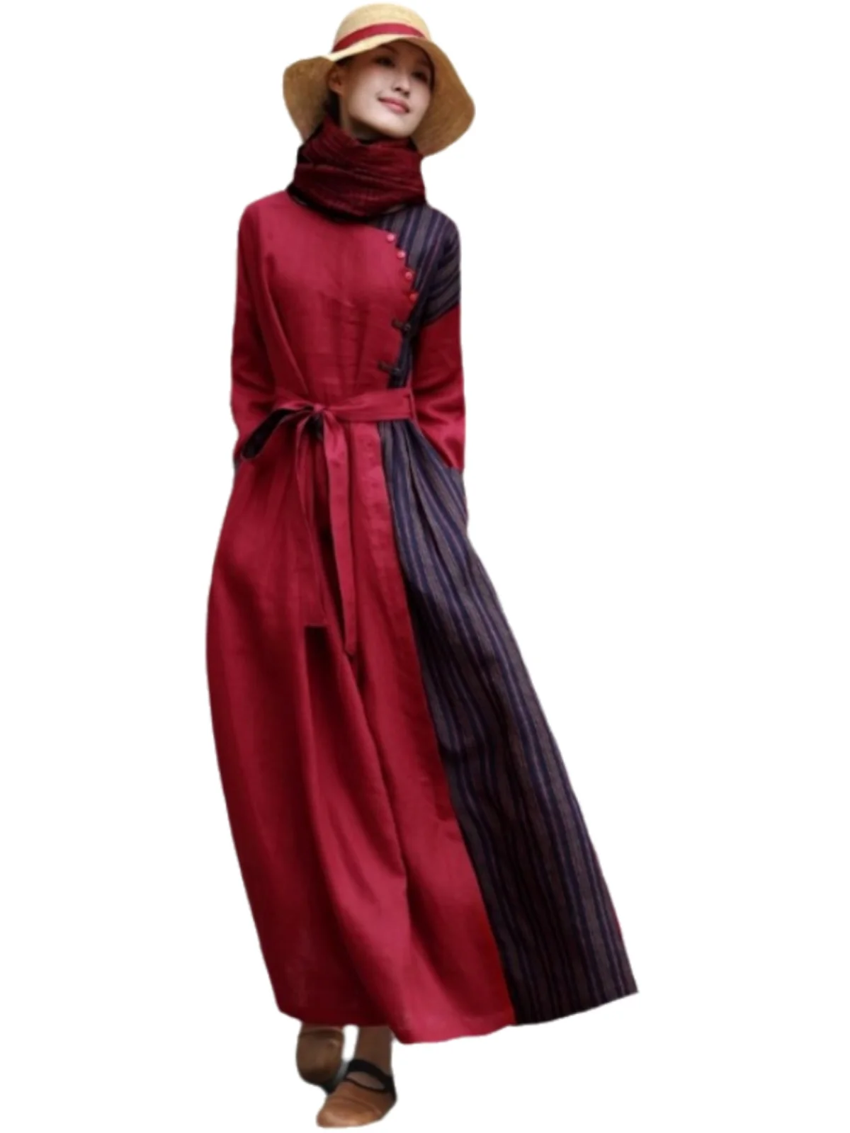 เสื้อผ้าฝ้ายลินินแขนยาวทรงเอสำหรับผู้หญิง ฤดูใบไม้ร่วง ลายบล็อกสี ดีไซน์วินเทจ แต่งกระดุม