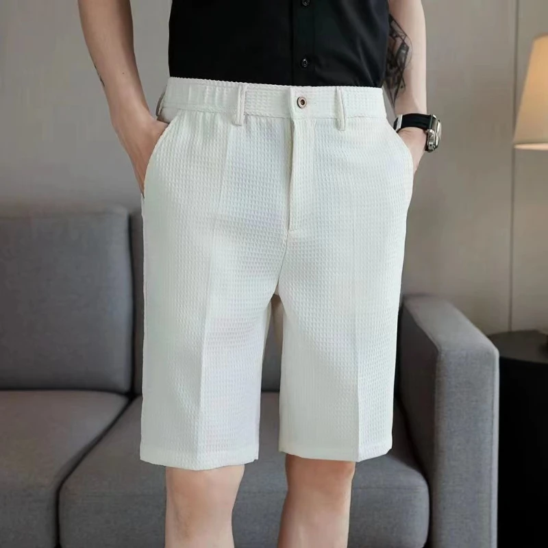 Trendy Fashion Men Knee-Length Straight Leg Shorts for Summer Slim Fit Casual Waffle Pattern New Style Comfortable Wear Hot Item