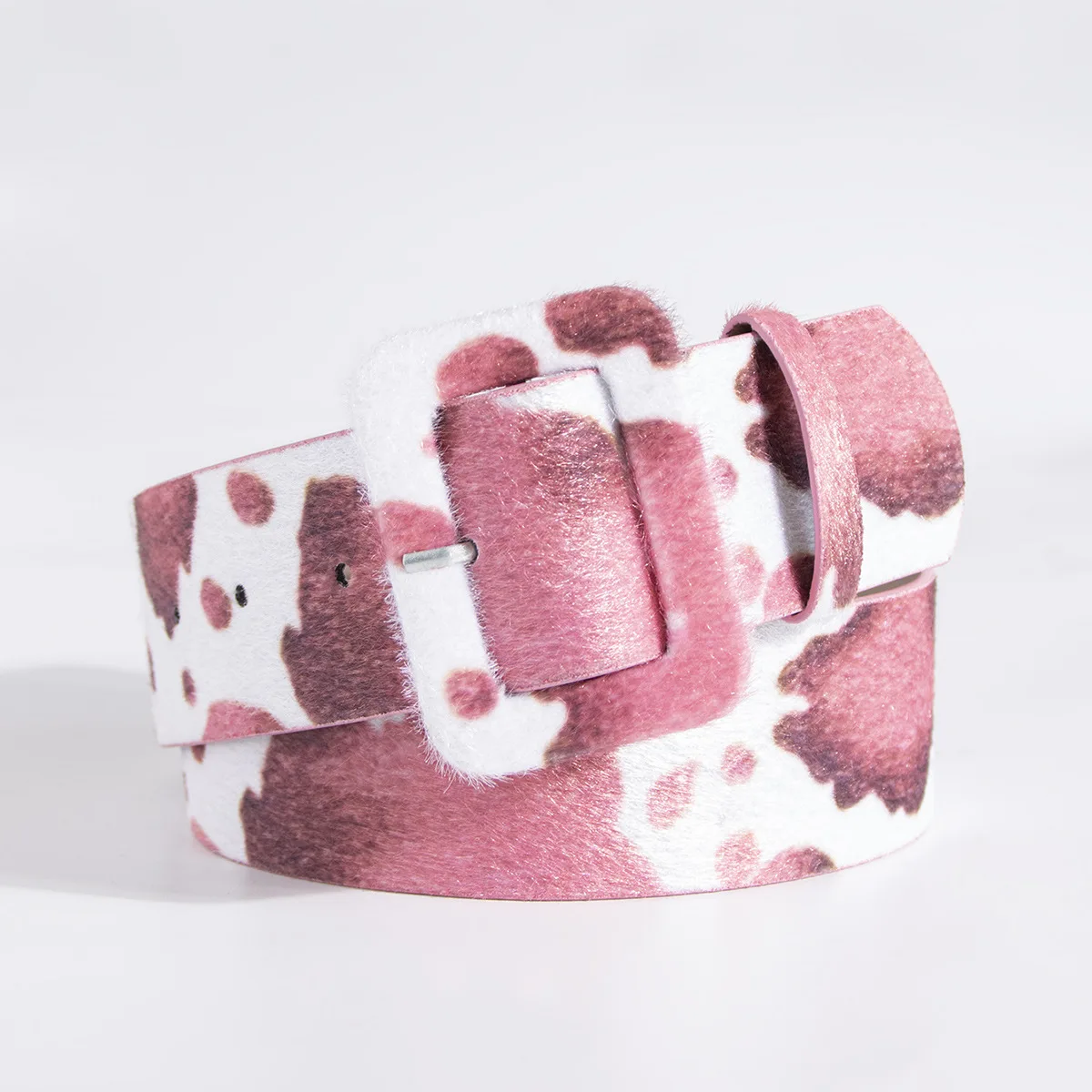 Y2K young girl versatile imitation horse-haired cow pattern belt cross-border wide brown fur buckle spot women's belt