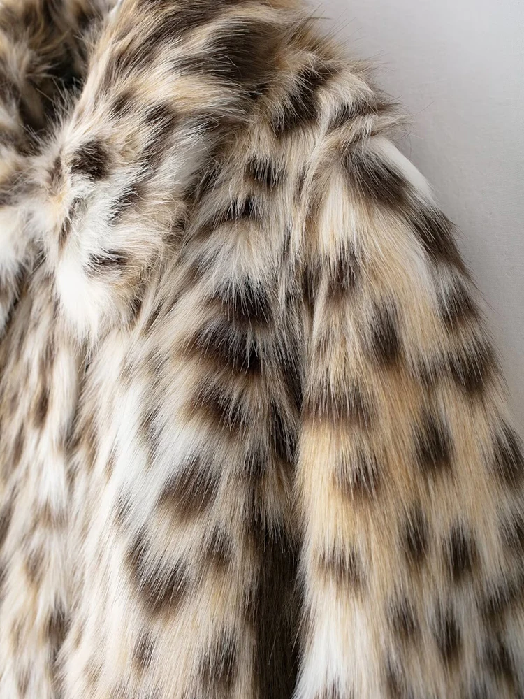 جديد إمرأة معطف فرو الفهد الاصطناعي سترة قصيرة فضفاضة لخريف/شتاء 2024