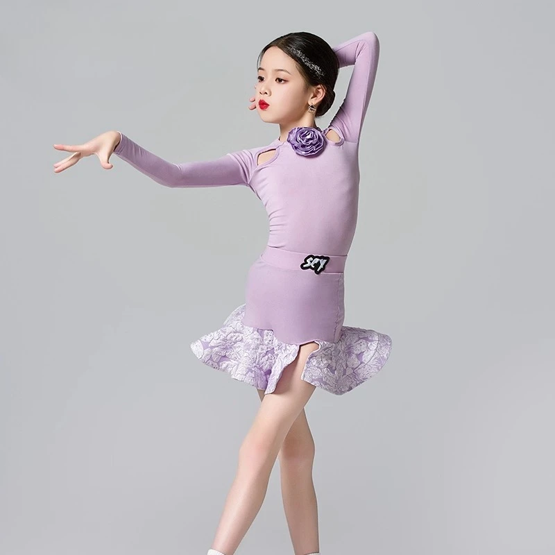 Trajes de baile de salón latino personalizados para niños y niñas, ropa de práctica, conjuntos divididos de rendimiento, vestido de manga larga con flecos