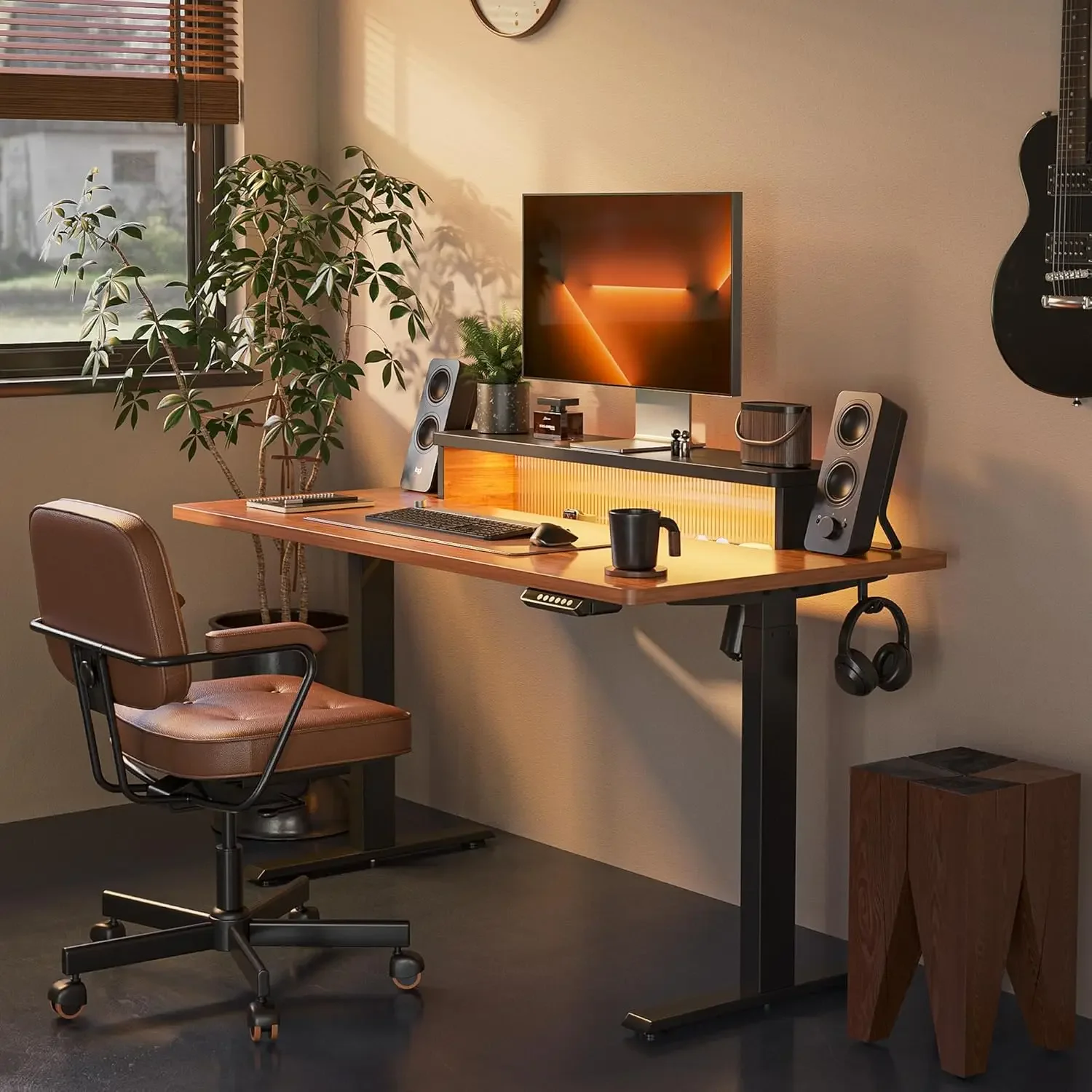 Whole Piece Electric Standing Desk with LED Lights and Monitor Stand, 48 x 24 Inches Sit Stand Desk, Black Walnut