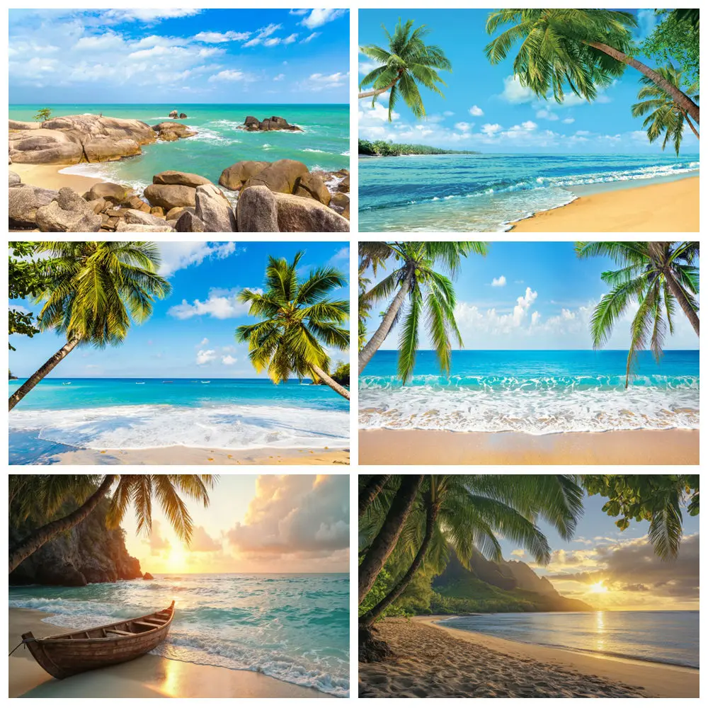 

Summer Ocean Seaside Photography Backdrop Beach Palm Tree Blue Sky Nature Scenery Birthday Party Wedding Photo Background Banner