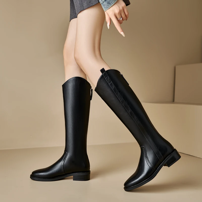 QUTAA News Fashion Winter Women Knee High Boots Round Toe Woman Shoes Low Heels Cow Leather Motorcycle Long Boots Black 34-42 - Image 6