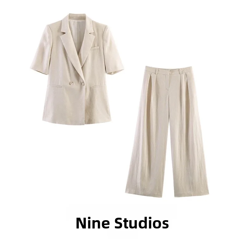 

NINE ZAR Women's Short Sleeve Suit Jacket Wide Leg Pants Long Pants Set Spring Fashion Two-Piece Ensemble Casual Workwear