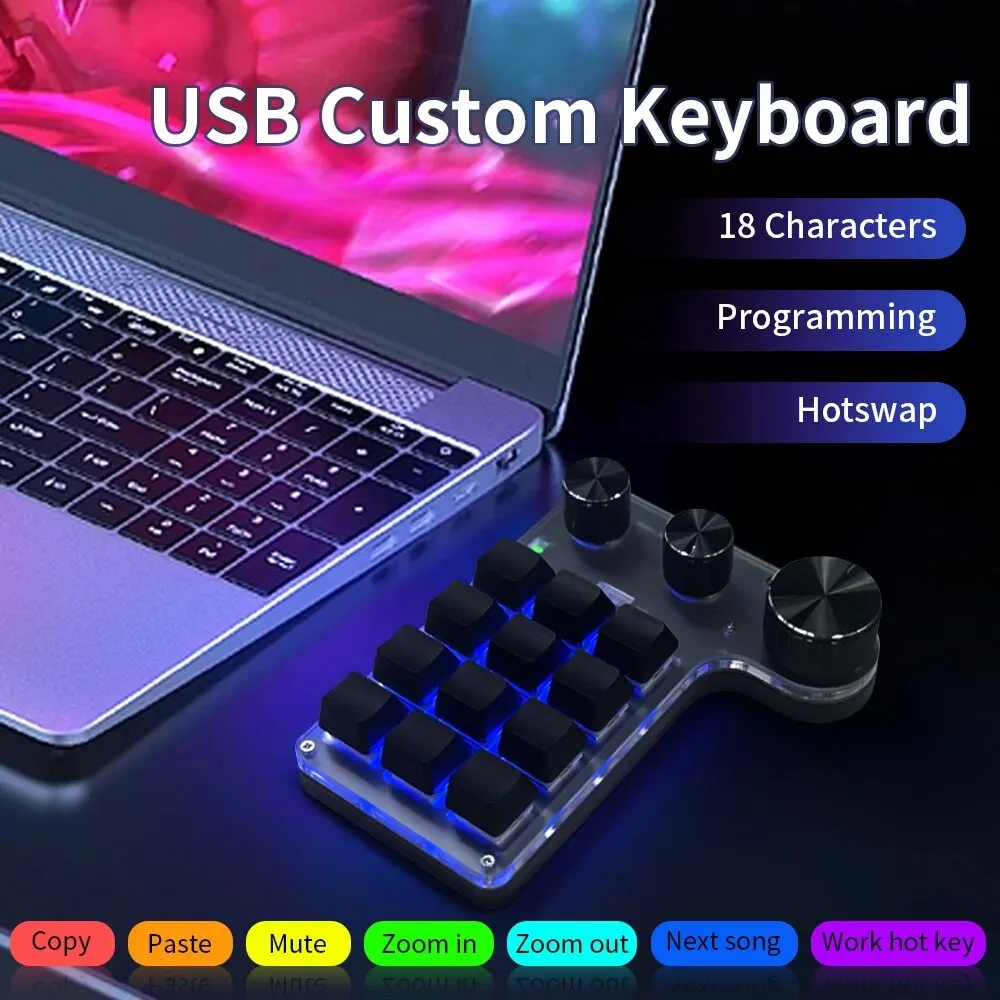 Ammtoo Keyboard kustom makro pemrograman, tombol 12 tombol 3 tombol RGB 18 karakter satu tombol kata sandi Salin tombol mekanis Hotswap