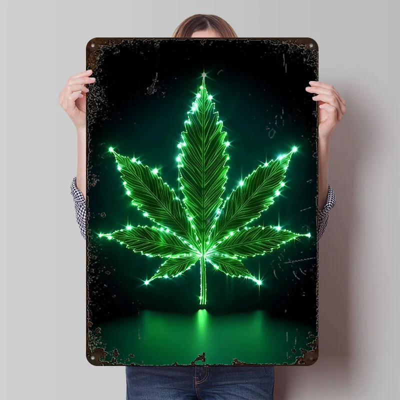 Green Glowing Weed Printed Posters Customizable Wall Art Retro Vintage Metal Tin Signs for Home Room Desk Decor Custom Sign the