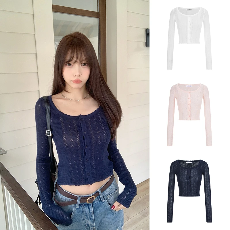 

MosesQueen Pure Color Sweet Style Knitted Open Cardigan Breathable Design Girl's Spring Fashionable Knitwear round Neck Cardigan