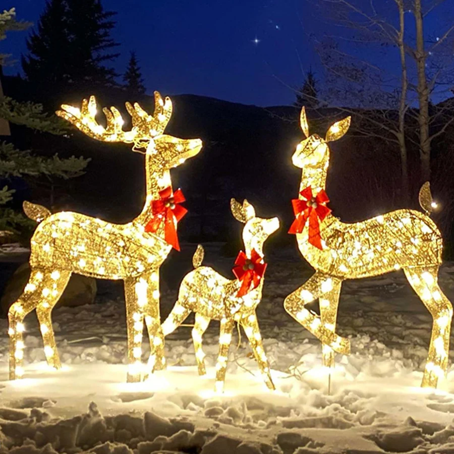 Conjunto familiar de renas iluminadas, 3 peças, ao ar livre, grande rena iluminada e trenó de papai noel para exibição de férias de natal, decoração de show de luz