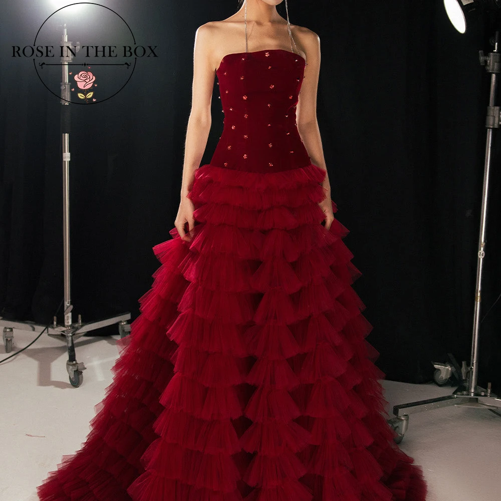 ROSEINTHEBOX Customized Glamorous Burgundy Strapless Evening Dresses for Woman Crystal  Tiered A-line Luxury Party Dresses