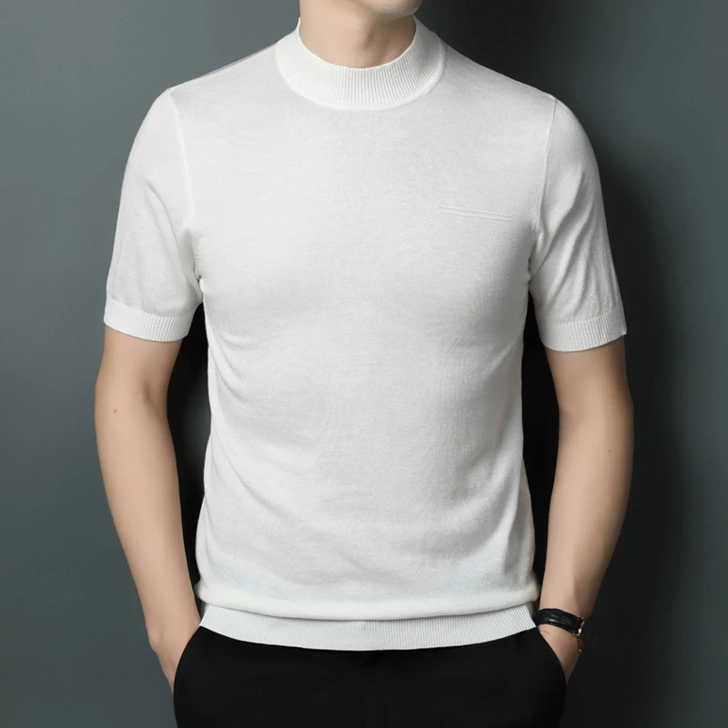 

Men's Sheep Wool Slim Tees 2024 Spring & Autumn Classic Thin Lyocell Knitwear Male Short Sleeve Mock Neck Soft Knit Tops